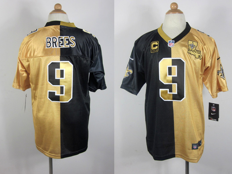 New Orleans Saints #9 Brees Black Yellow Half and Half Jersey
