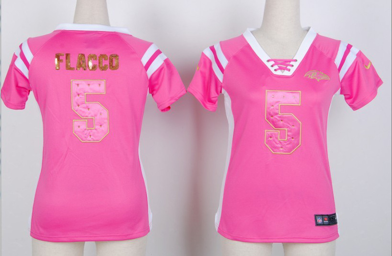 NFL Baltimore Ravens #5 Flacco Pink Womens Handwork Sequin lettering Fashion Jersey