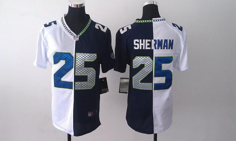 NFL Nike Elite Split Seattle Seahawks #25 Richard Sherman White Blue Jersey