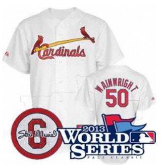 St. Louis Cardinals Jersey #50 Adam Wainwright Jerseys white Stan Musial Memorial PATCH w2013 World Series Patch