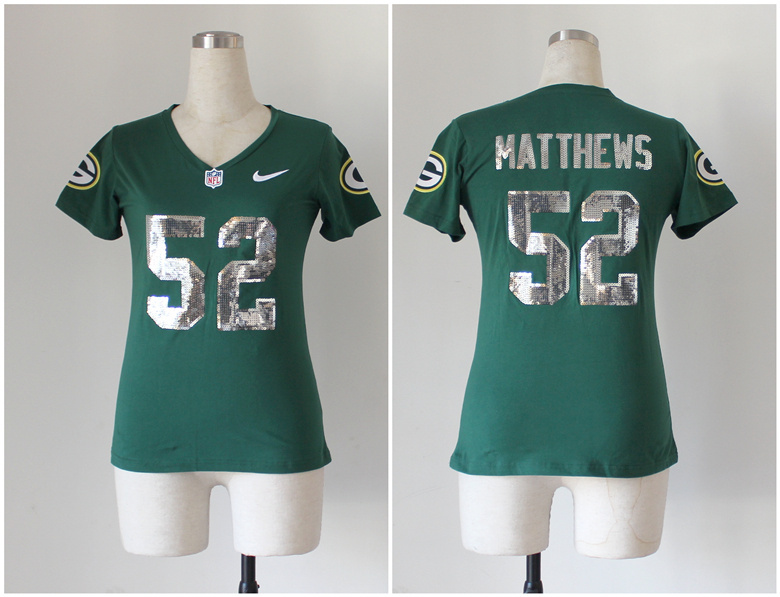 NFL Green Bay Packers #52 Matthews Green Womens Handwork Sequin lettering