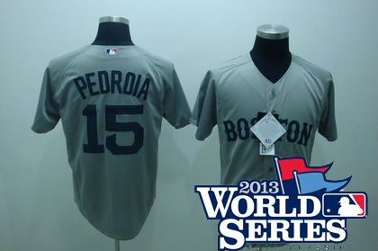 Boston Red Sox #15 Dustin Pedroia grey Jersey w2013 World Series Patch