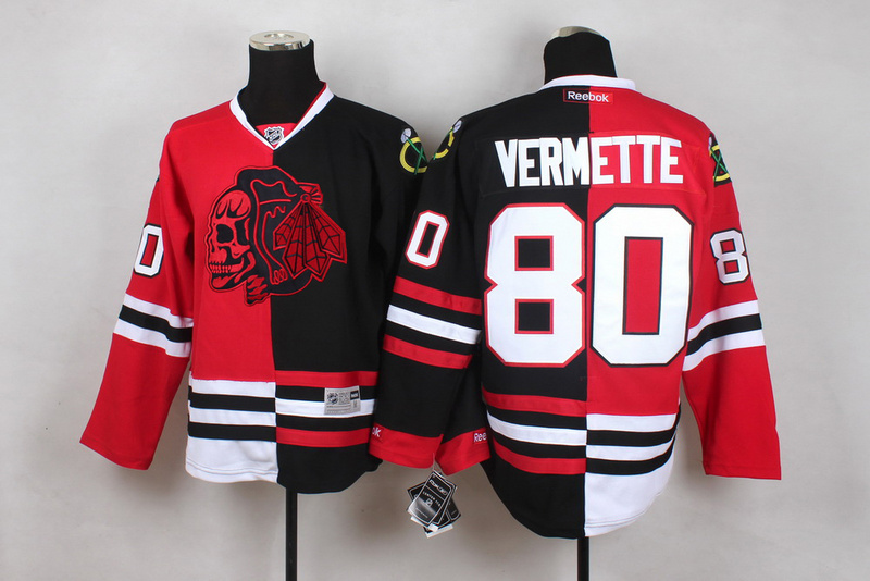 NHL Chicago Blackhawks #80 Vermette Black Red Split Jersey
