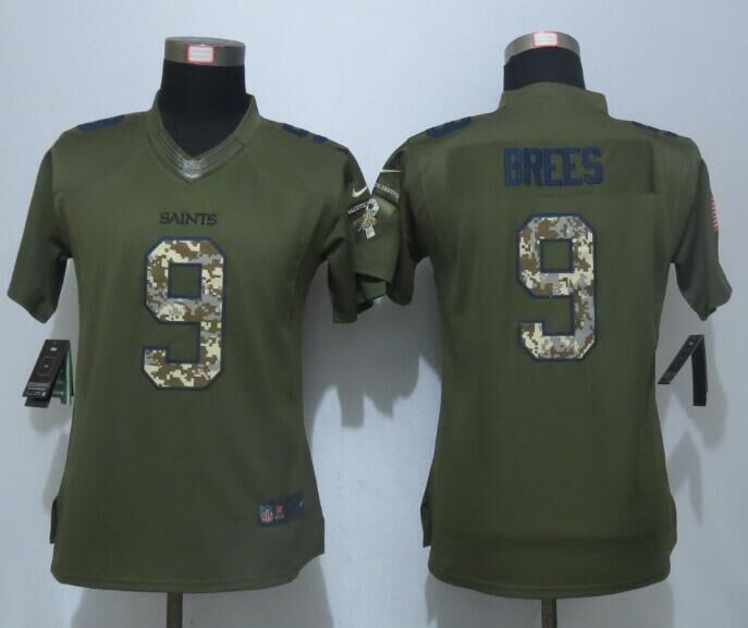 Womens NFL New Orleans Saints #9 Brees Salute for Service Green Jersey