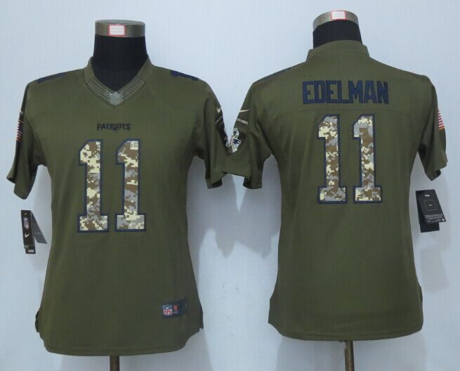 Womens NFL New England Patriots #11 Edelman Salute for Service Green Jersey