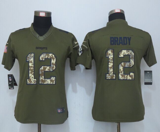 Womens NFL New England Patriots #12 Brady Salute for Service Green Jersey