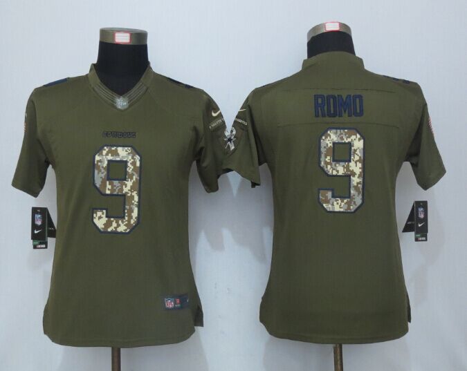 Womens NFL Dallas Cowboys #9 Romo Salute for Service Green Jersey