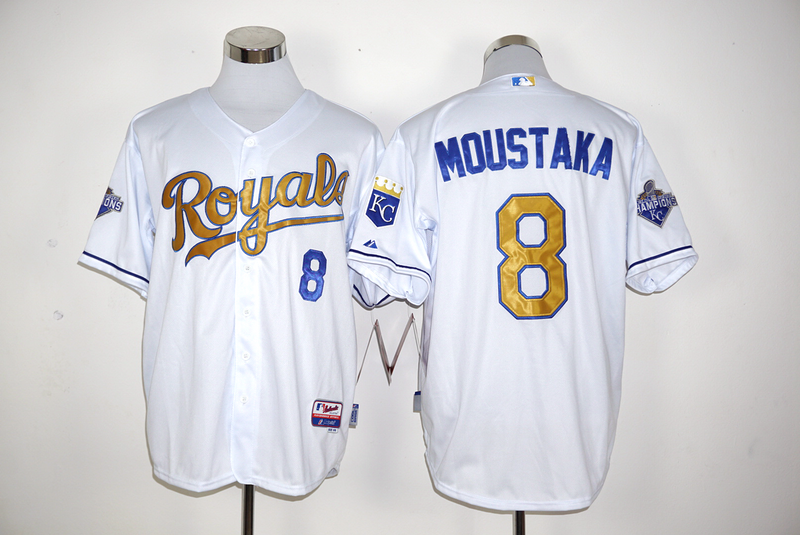 Majestic MLB Kansas City Royals #8 Moustakas White World Series Champions Gold Jersey