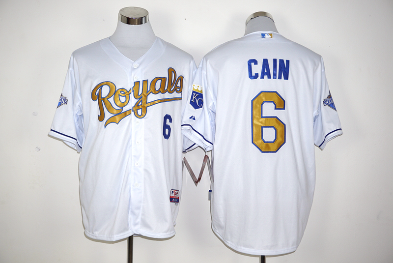 Majestic MLB Kansas City Royals #6 Cain White World Series Champions Gold Jersey