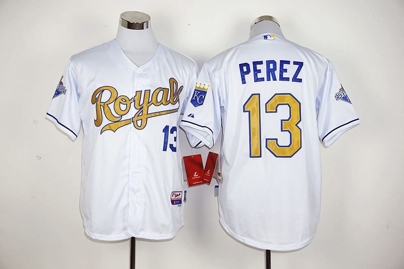 Majestic MLB Kansas City Royals #13 Perez White World Series Champions Gold Jersey