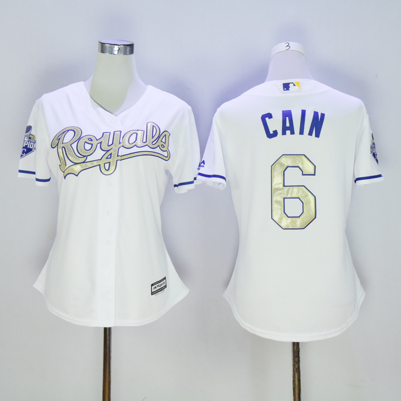 Womens Kansas City Royals #6 Cain White 2015 Gold Program Majestic Jersey