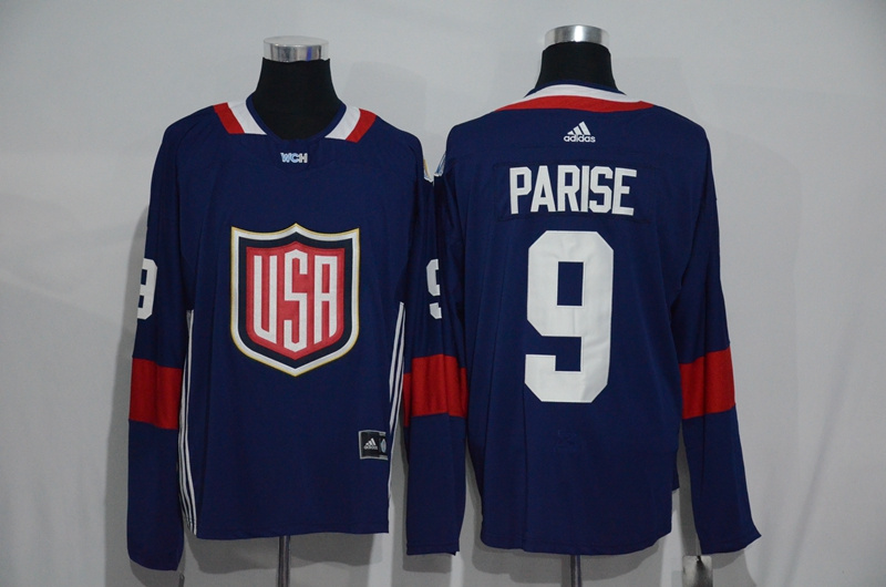 Mens Team USA #9 Zach Parise 2016 World Cup of Hockey Olympics Game Navy Blue Jerseys 
