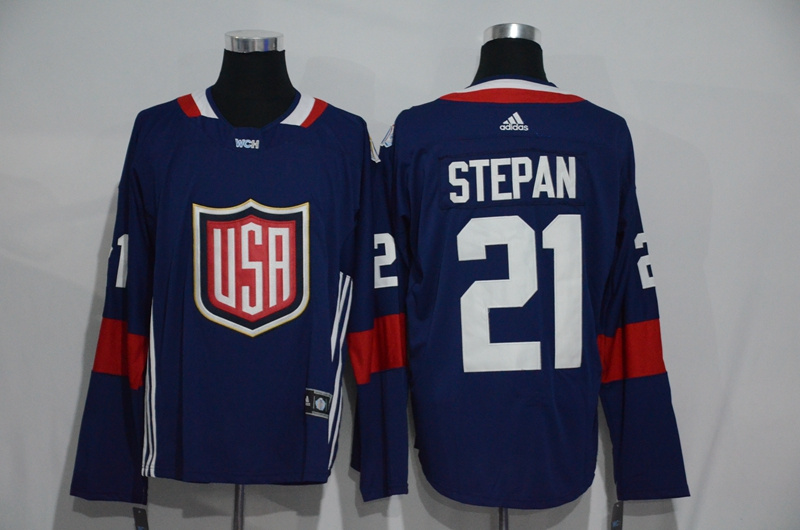 Mens Team USA #21 Derek Stepan 2016 World Cup of Hockey Olympics Game Navy Blue Jerseys 