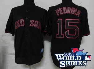 Boston Red Sox 15# Dustin Pedroia Pitch Black Fashion Jersey 2013 World Series Patch
