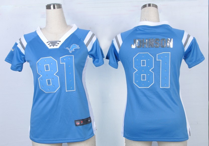 Nike NFL Detroit Lions #81 Johnson Blue Womens Handwork Sequin lettering Fashion Jersey