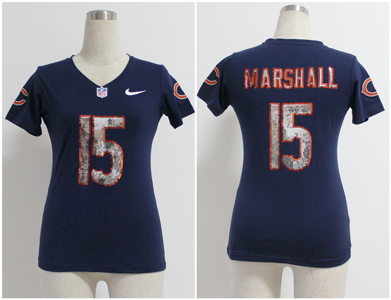 Nike Chicago Bears #15 Marshall Women Blue Handwork Sequin Lettering Jersey