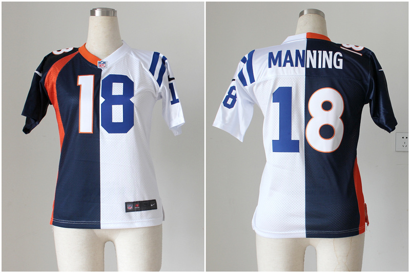 Nike NFL Denver Broncos #18 manning Blue and White  split women  jersey