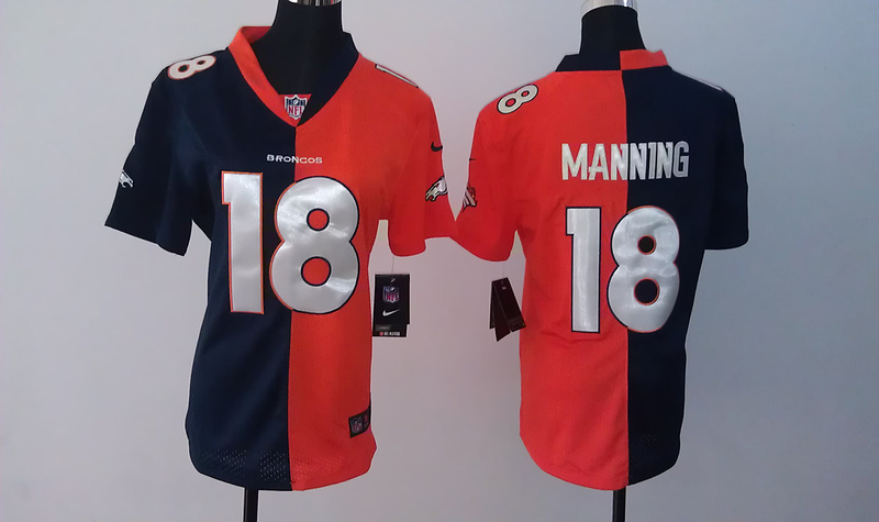 Nike Denver Broncos #18 Manning Half and Half Women Jersey