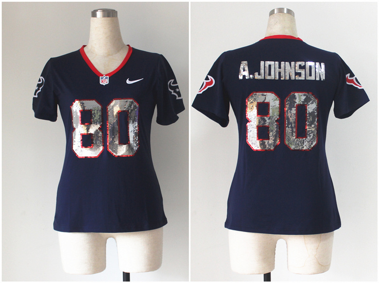 NFL Houston Texans #80 A.Johnson Blue Womens Handwork Sequin lettering