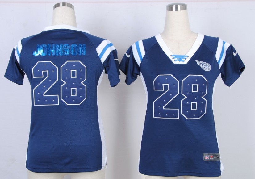 Nike NFL Tennessee Titans #28 Johnson Womens Blue Handwork Sequin lettering