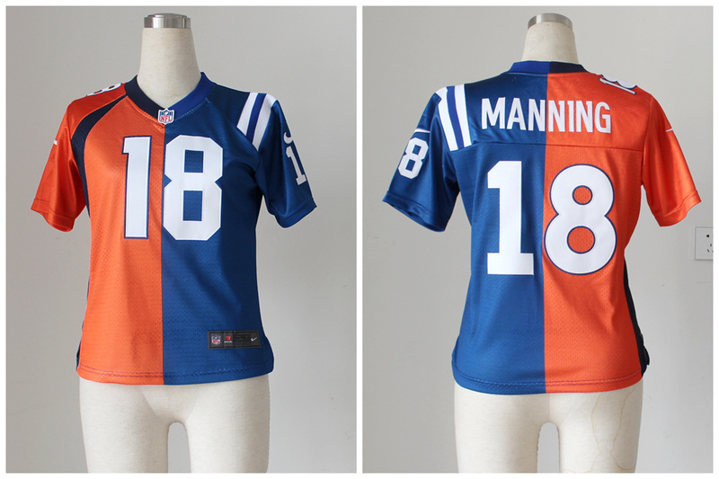 Nike NFL Denver Broncos #18 manning Orange and Blue split women jersey