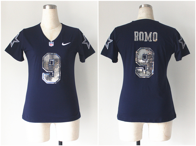 Nike NFL Dallas Cowboys #9 Romo Womens Blue Handwork Sequin lettering