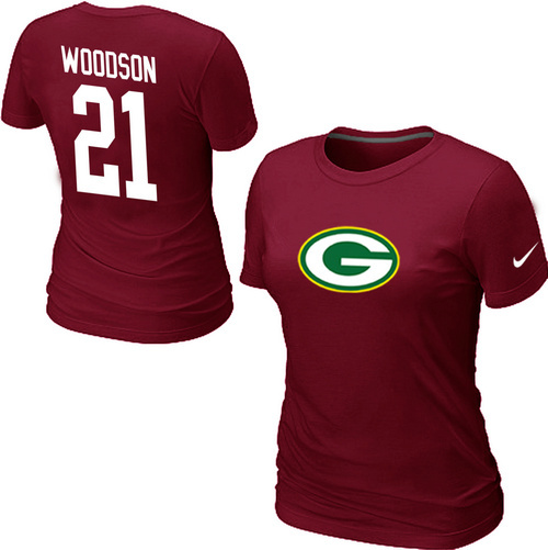  Nike Green Bay Packers 21 WOODSON Name& Number Womens TShirt Red 59 