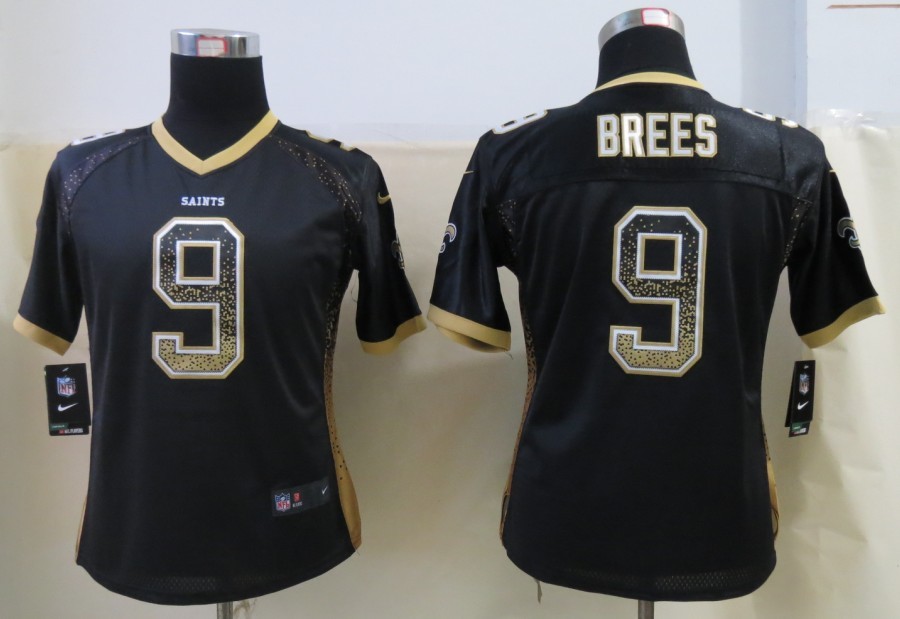 Women 2013 NEW Nike New Orleans Saints 9 Brees Drift Fashion Black Elite Jerseys