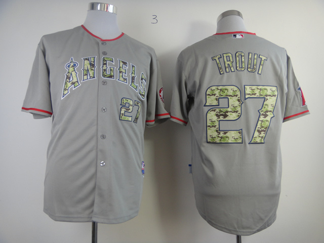 MLB Los Angeles Angels #27 Trout Camo Letters Jersey Grey