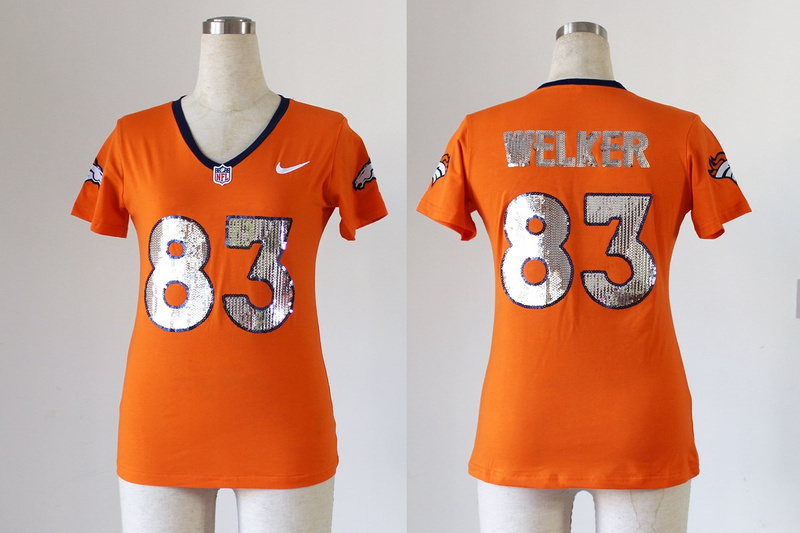 Denver Broncos #83 Welker Womens Handwork Sequin Orange Jersey