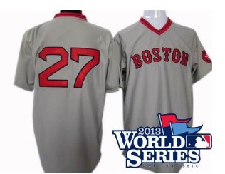 Boston Red Sox #27 Carlton Fisk 1975 mitchell&ness Road jersey gray 2013 World Series Patch