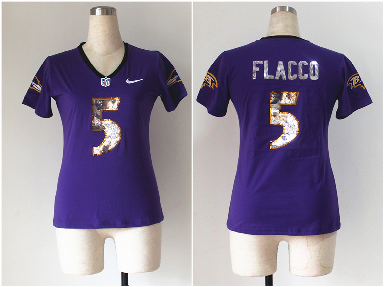 NFL Baltimore Ravens #5 Flacco Purple Womens Handwork Sequin lettering Fashion Jersey