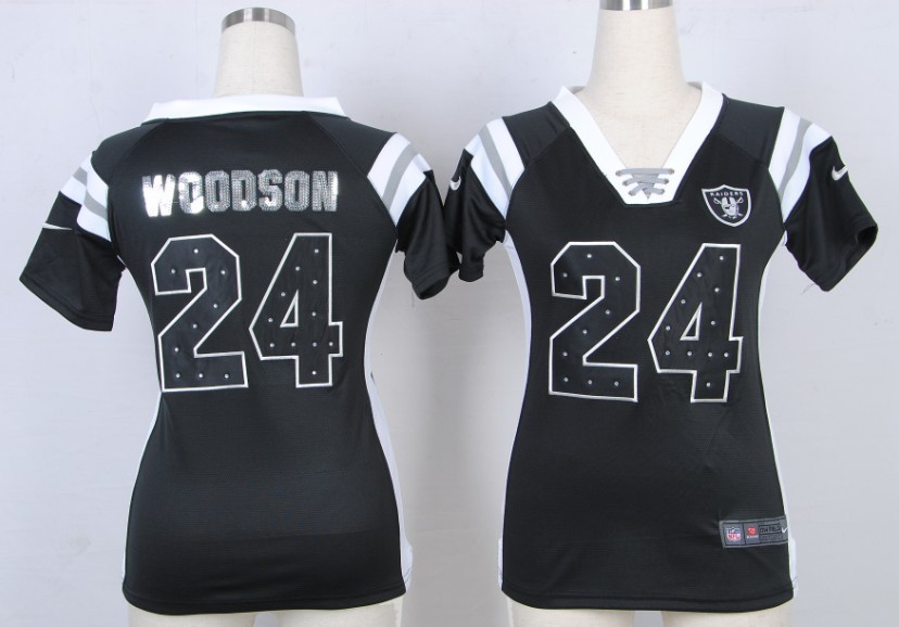 Nike NFL Oakland Raiders #24 Woodson Black Womens Handwork Sequin lettering