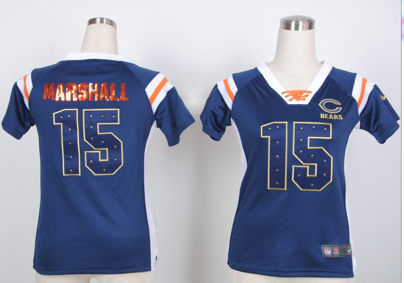 Chicago Bears #15 Marshall Blue Womens Handwork Sequin lettering Fashion Jersey