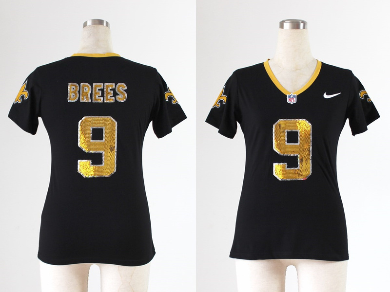 New Orleans Saints #9 Brees Womens Handwork Sequin Black Jersey