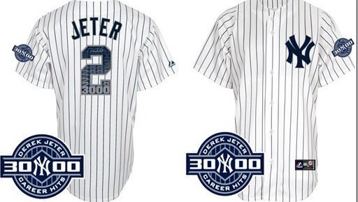 Yankees #2 Derek Jeter White MLB 3000 Hits Jersey