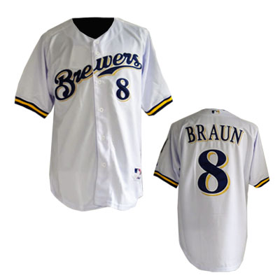  White Jersey:  Ryan Braun Home MLB #8 Milwaukee Brewers Jersey In White