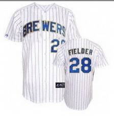 MLB #28 White Blue Strip Prince Fielder  Milwaukee Brewers jersey