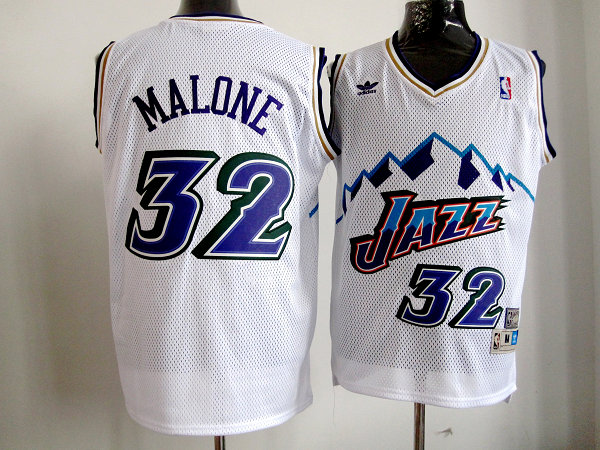 white Karl Malone Jersey, NBA Utah Jazz #32 throwback Jersey
