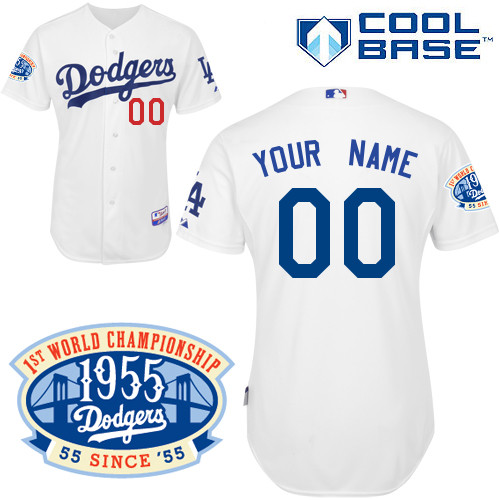 White Personalized Home 1955 World Series Anniversary Patch Los Angeles Dodgers Jersey