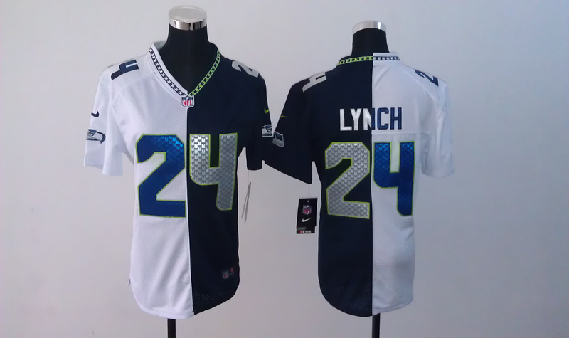 Nike Seattle Seahawks #24 Lynch White and Green Splite Women Jersey