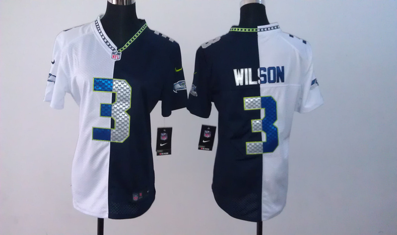 Nike Seattle Seahawks #3 Wilson White and Green Splite Women Jersey